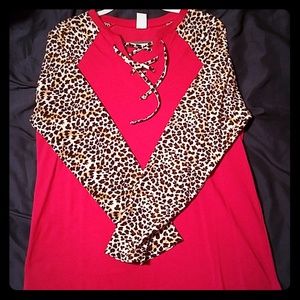 Red & leopard lace up top NWOT never worn